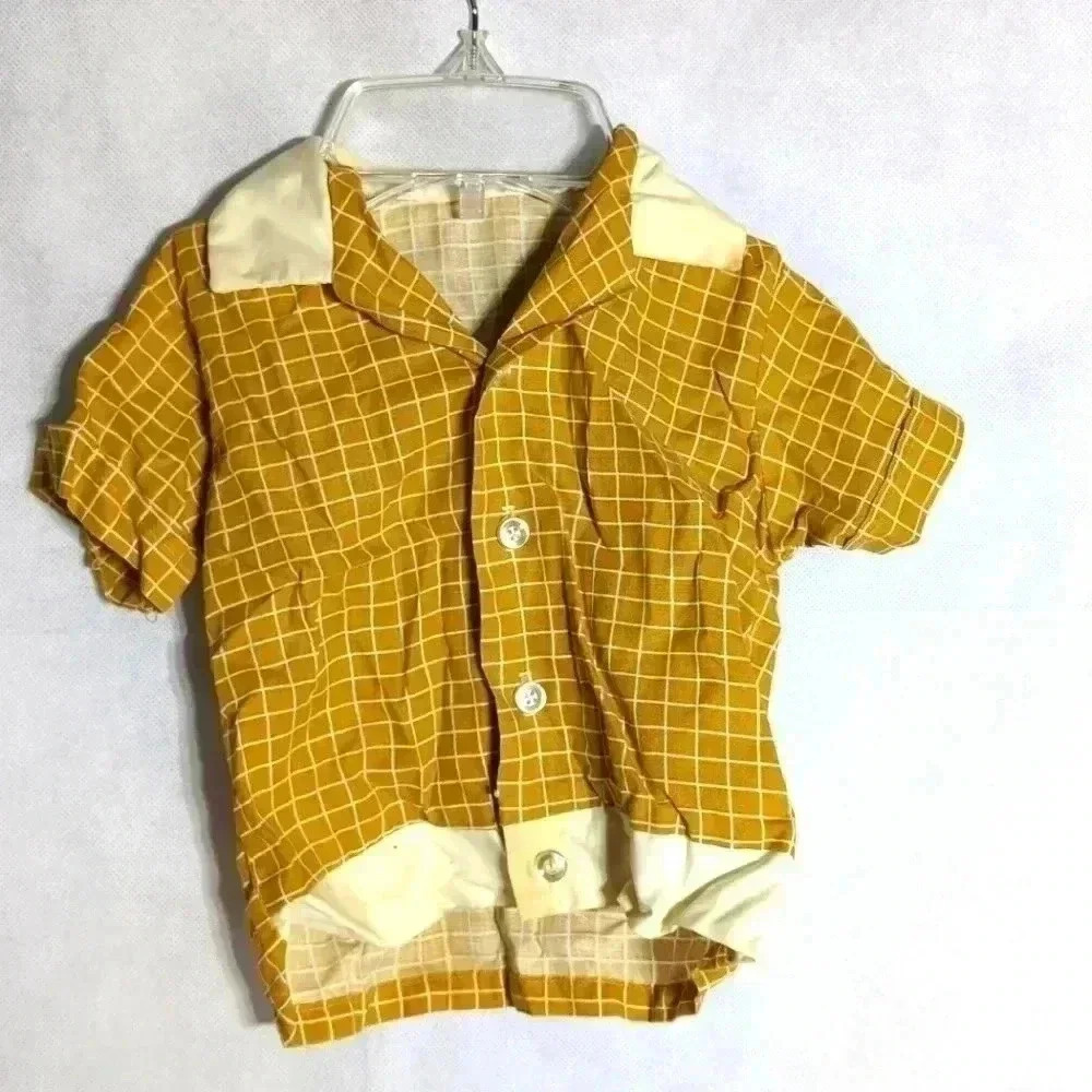 1970 Toddler Shirt Custom Made Yellow Window pane plaid 11 in pit to pit